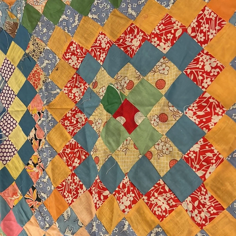 Gorgeous small square quilt topper vintage hand sewn 38” x 52”